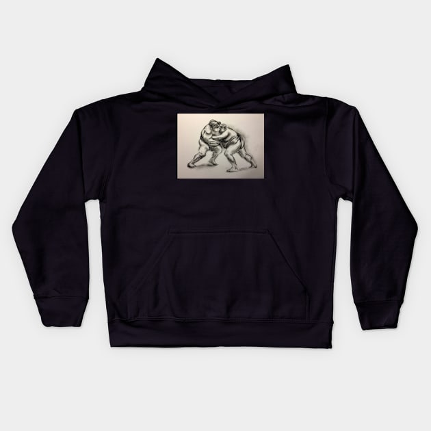 Sumo #1 - Sumo wrestlers charcoal drawing on paper Kids Hoodie by tranquilwaters